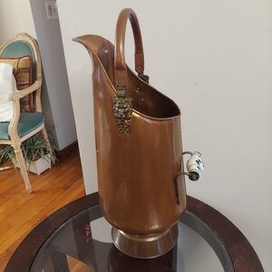 Antique Copper Coal Scuttle Ash Bucket Delft Porcelain Blue White & Lion Handles